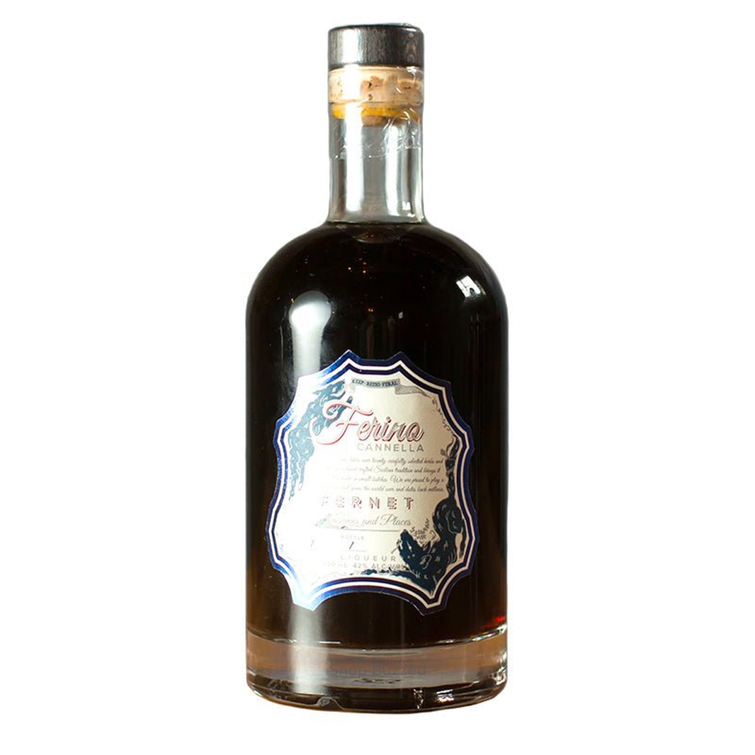 Fernet Ferino Cannella Batch 2 Liqueur 750ml, with Shop Buzzed watermark on the lower bottle glass.