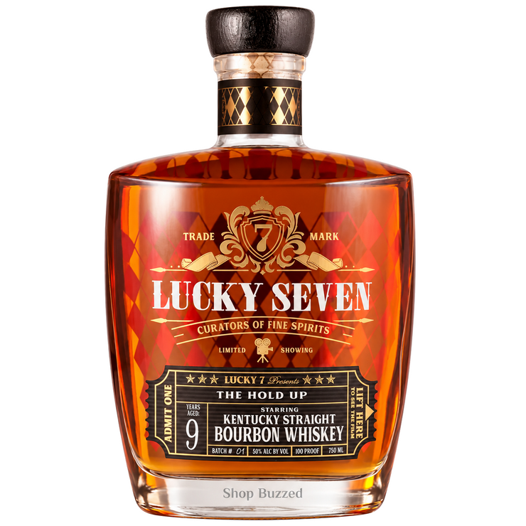Lucky Seven The Hold Up 9 Year Kentucky Straight Bourbon Whiskey 750ml, full bottle on white with Shop Buzzed watermark on lower bottle.