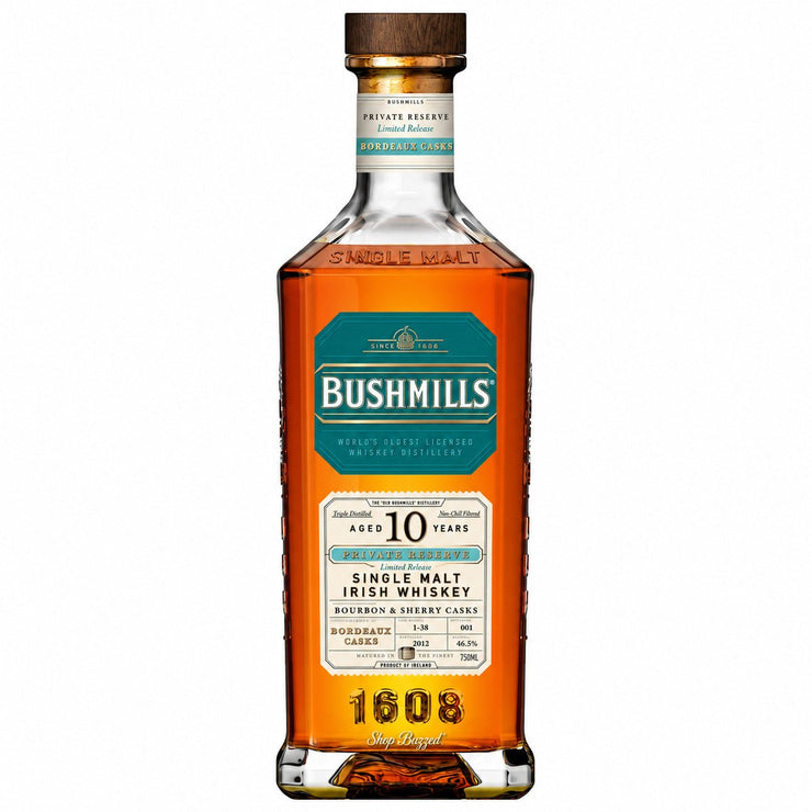 Bushmills 10 Year Private Reserve Bordeaux Cask Irish Whiskey 750ml bottle on white background
