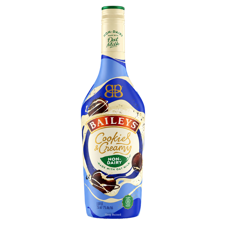 Baileys Cookies & Creamy Non-Dairy Oat Milk Liqueur 750ml, full bottle on white with Shop Buzzed watermark on lower bottle.