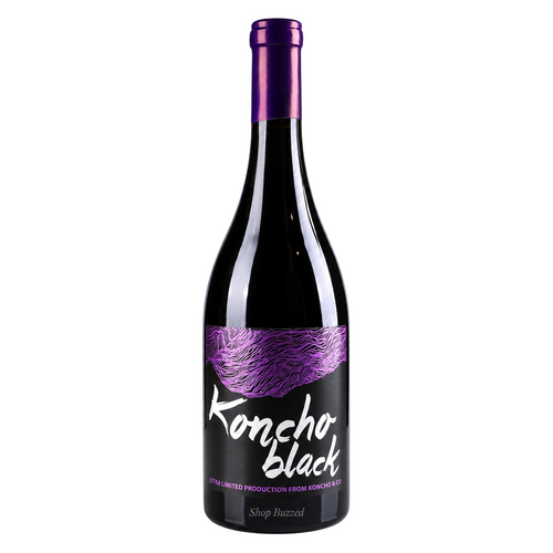 Koncho Black Saperavi Red Wine 750ml, full bottle on white with Shop Buzzed watermark on lower bottle.