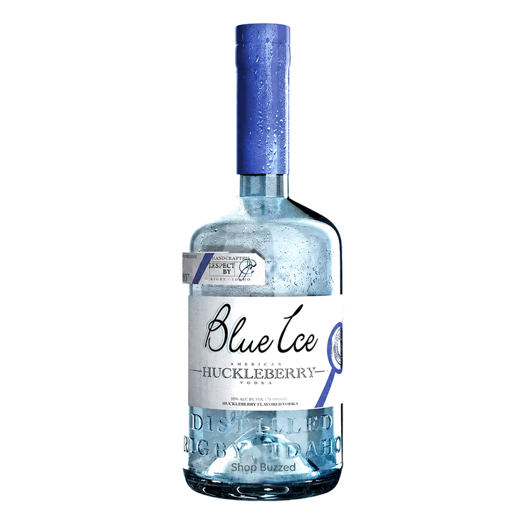 Blue Ice Huckleberry Vodka 750ml on white with Shop Buzzed watermark at bottle base