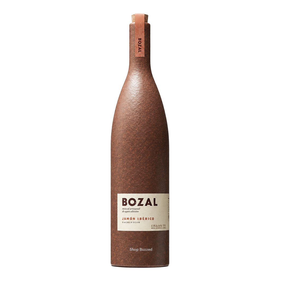 Bozal Jamón Ibérico Sacrificio Mezcal 750ml on white with Shop Buzzed watermark at bottle base
