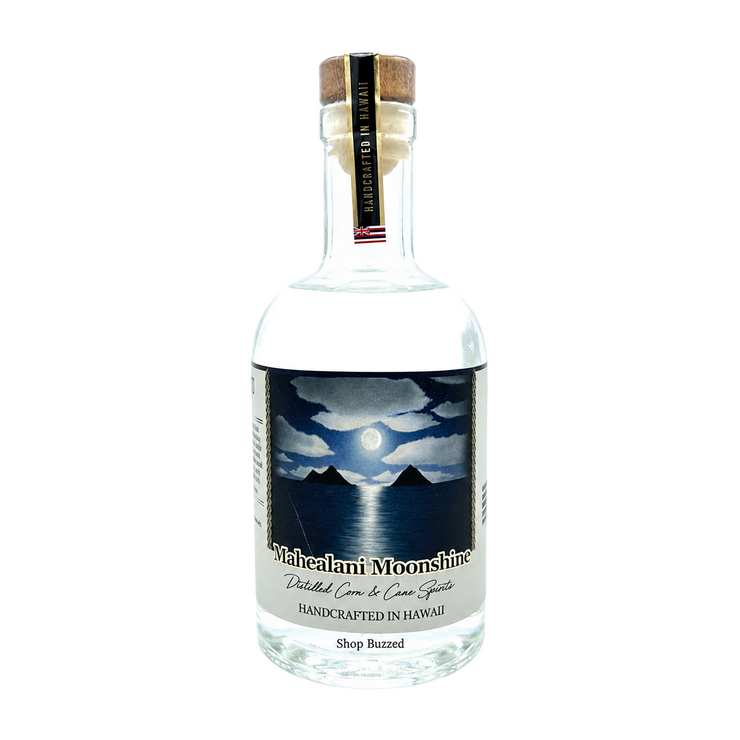 Ko'olau Māhealani Moonshine 750ml on white with Shop Buzzed watermark at bottle base