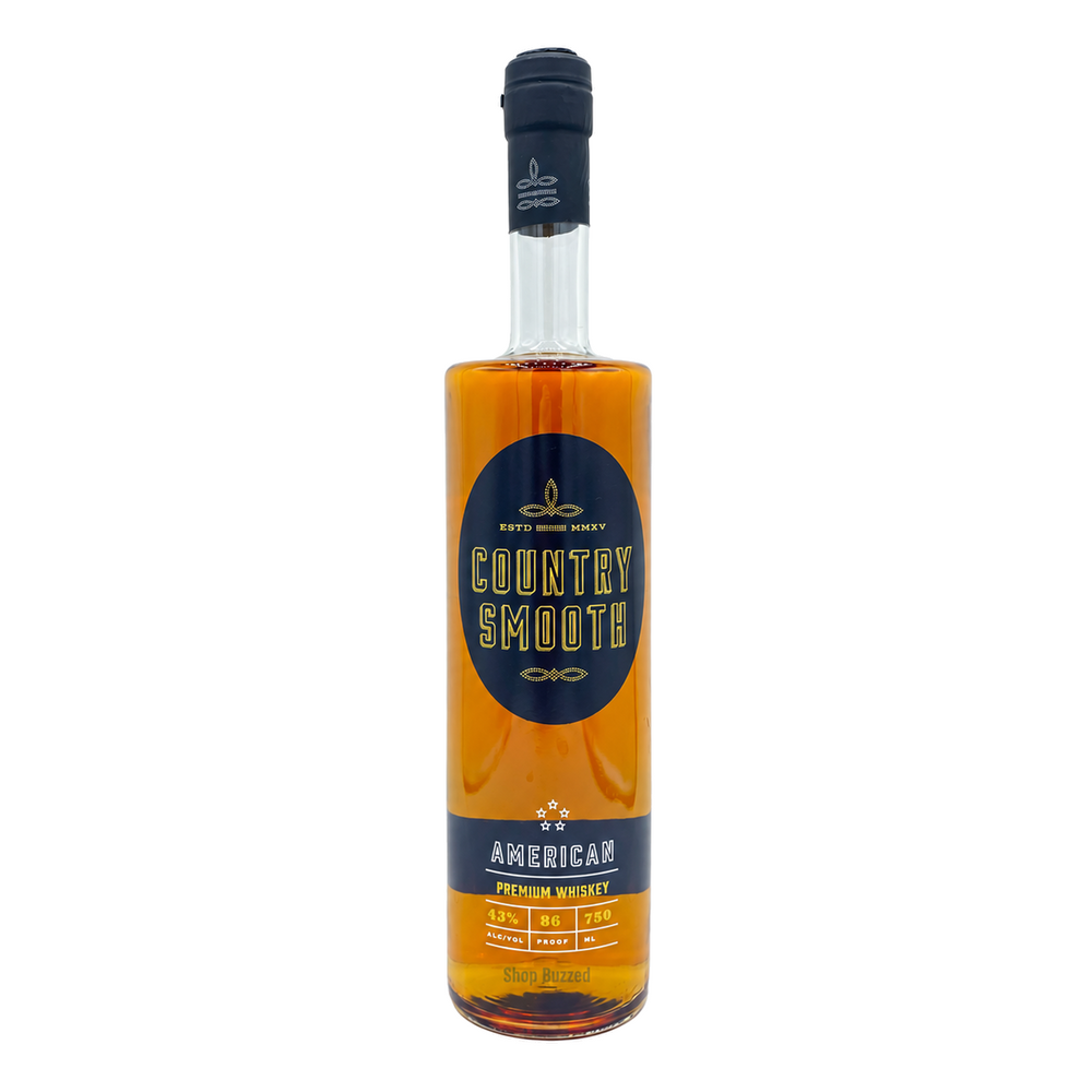 Country Smooth American Premium Whiskey 750ml, full bottle on white with Shop Buzzed watermark on lower bottle.