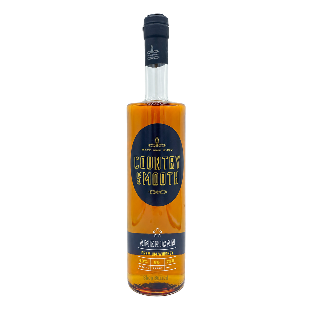 Country Smooth American Premium Whiskey 750ml, full bottle on white with Shop Buzzed watermark on lower bottle.
