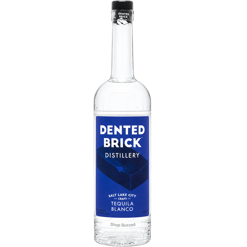 Dented Brick Craft Tequila Blanco 750ml, full bottle on white with Shop Buzzed watermark on lower bottle.