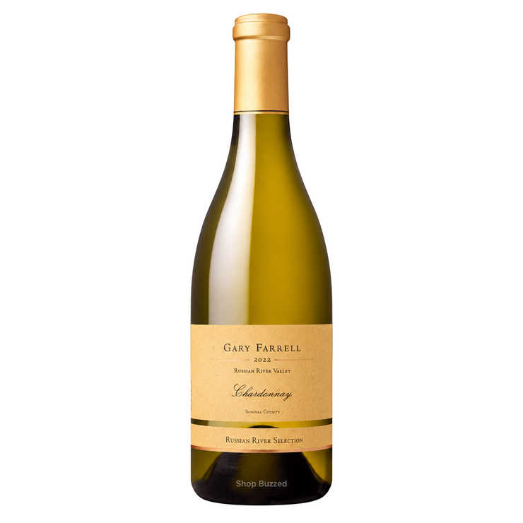 Gary Farrell Russian River Valley Chardonnay 2022 750ml, full bottle on white with Shop Buzzed watermark on lower bottle.