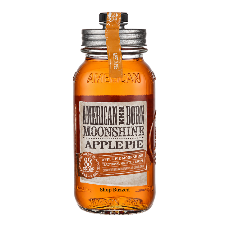 American Born Apple Pie Moonshine 750ml on white with Shop Buzzed watermark at bottle base