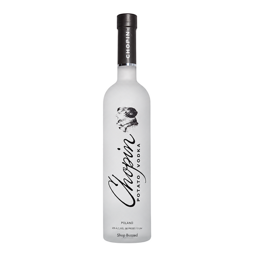 Chopin Potato Vodka 1L bottle on a white background with Shop Buzzed watermark