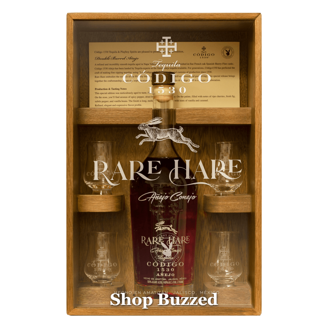 Codigo 1530 x Rare Hare Playboy Edition Extra Anejo gift set with two glasses