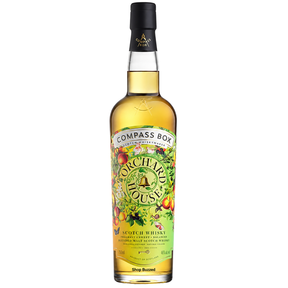 Compass Box Orchard House Blended Malt Scotch Whisky 750ml bottle on a white background with Shop Buzzed watermark