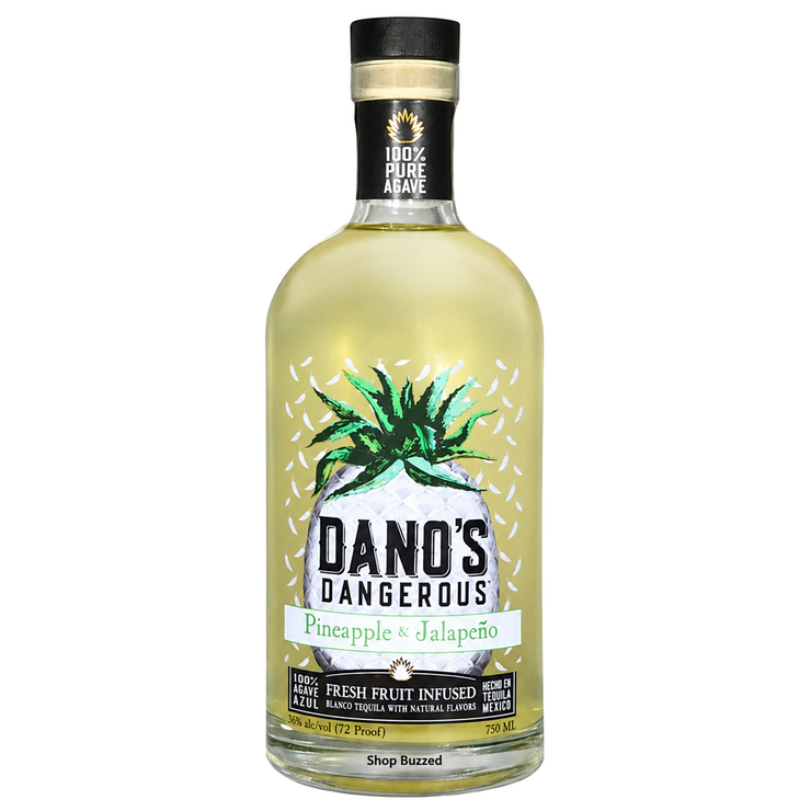 Dano's Dangerous Pineapple & Jalapeño Tequila 750ml bottle on a white background with Shop Buzzed watermark
