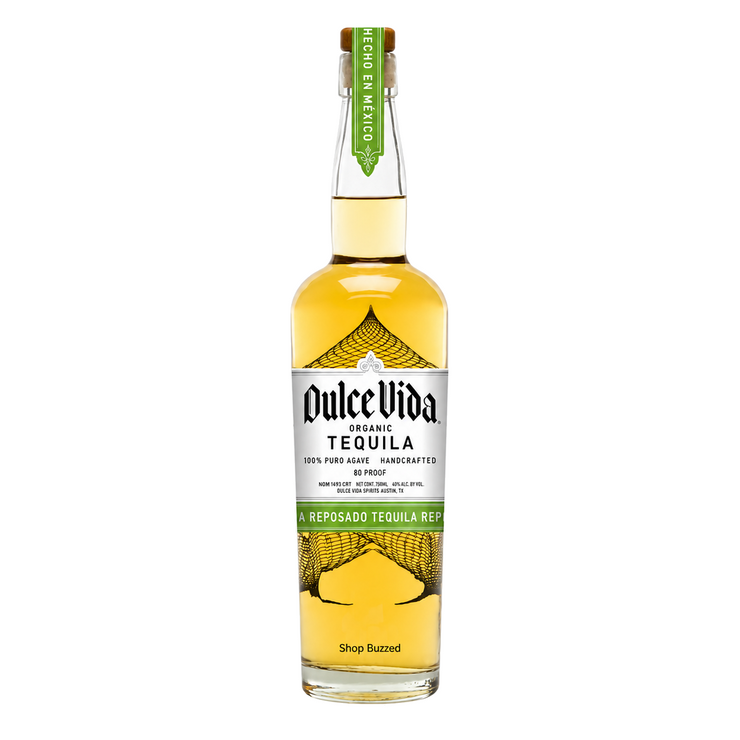 Dulce Vida Organic Reposado Tequila 750ml on white with Shop Buzzed watermark at bottle base