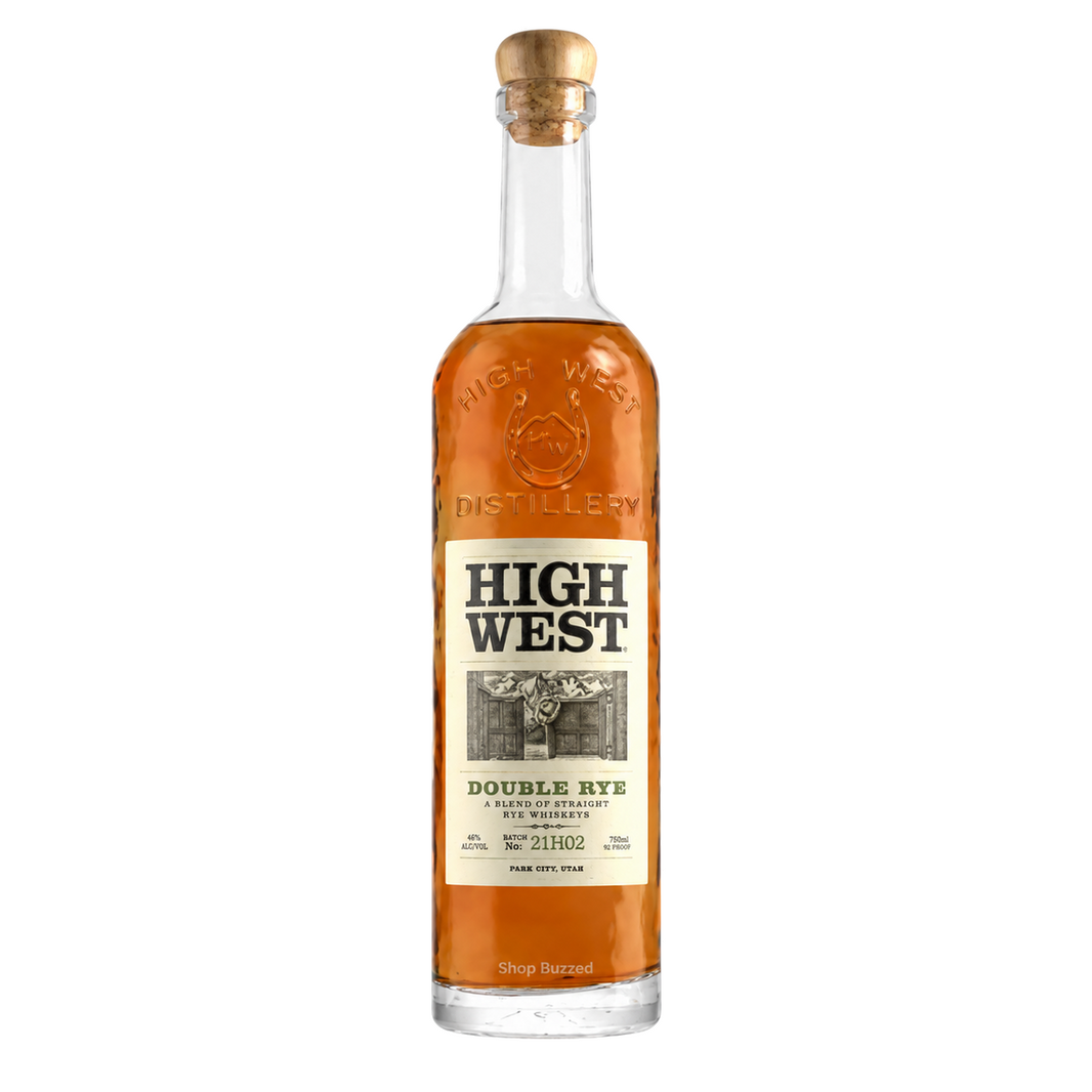 High West Double Rye Whiskey 750ml on white with Shop Buzzed watermark at bottle base