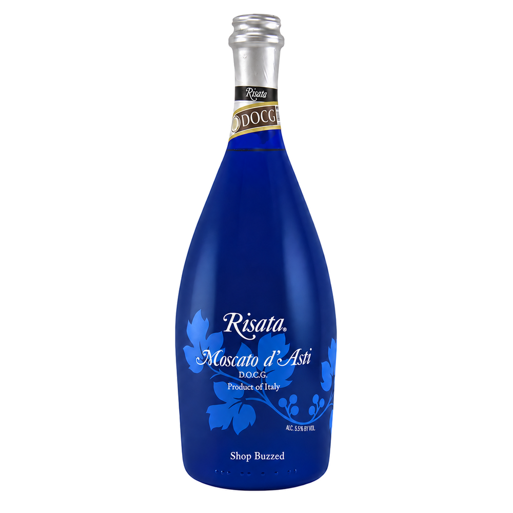Risata Moscato d'Asti DOCG 750ml bottle on a white background with Shop Buzzed watermark