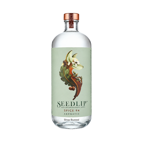Seedlip Spice 94 Non-Alcoholic Spirit 700ml on white with Shop Buzzed watermark at bottle base