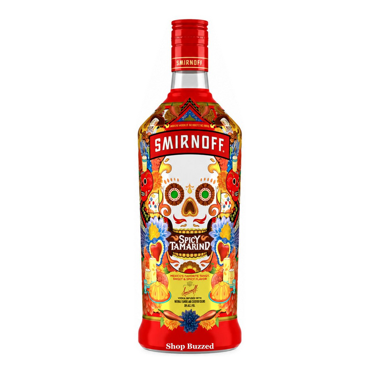 Smirnoff Spicy Tamarind Vodka 1.75L — pure white background, Shop Buzzed watermark on bottom glass